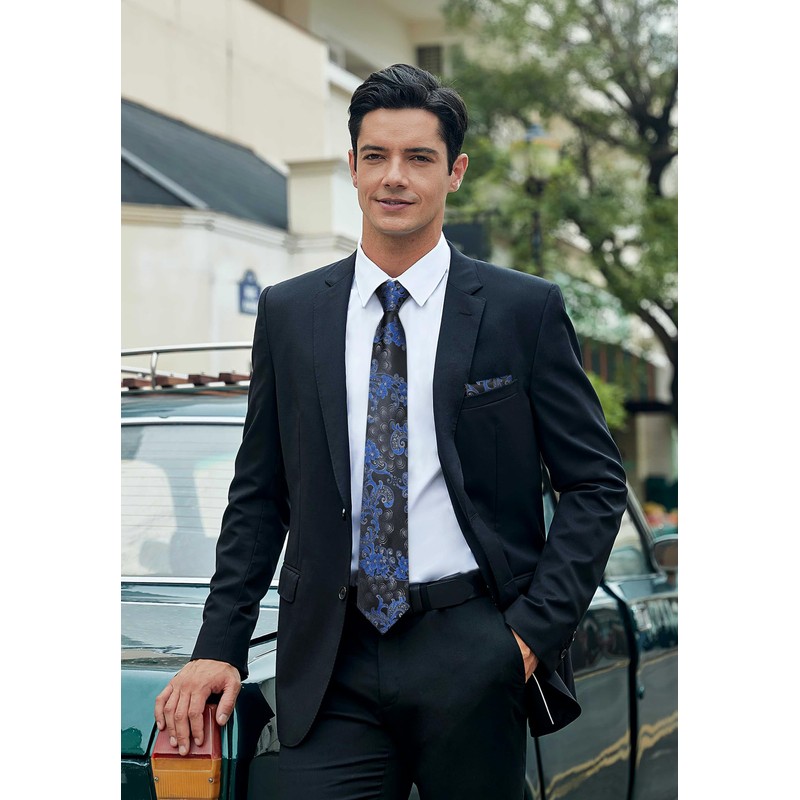 HISDERN Black Royal Blue Ties for Men Floral Mens Ties