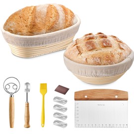 TeamFar Bread Proofing Basket Set, 9” Round & 10” Oval Bread Baking Supplies with Liner, Sourdough Starter Kit for Bread Making, Bread Lame/Whisk/Dough Scraper/Basting Brush