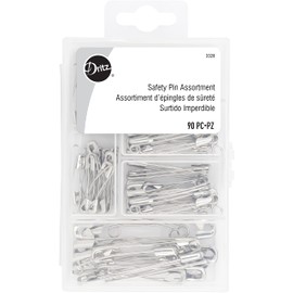 Dritz 3328 Curved Safety Pins, Assorted Sizes with Storage Box (90-Count)