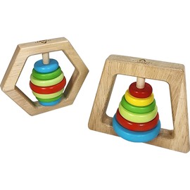 Adventure Awaits! Wooden Shape Bead Rattle Set, Baby Teething Toy 2 Pack, Educational Trapezoid and Hexagon Toy for Toddlers & Preschoolers 2pk