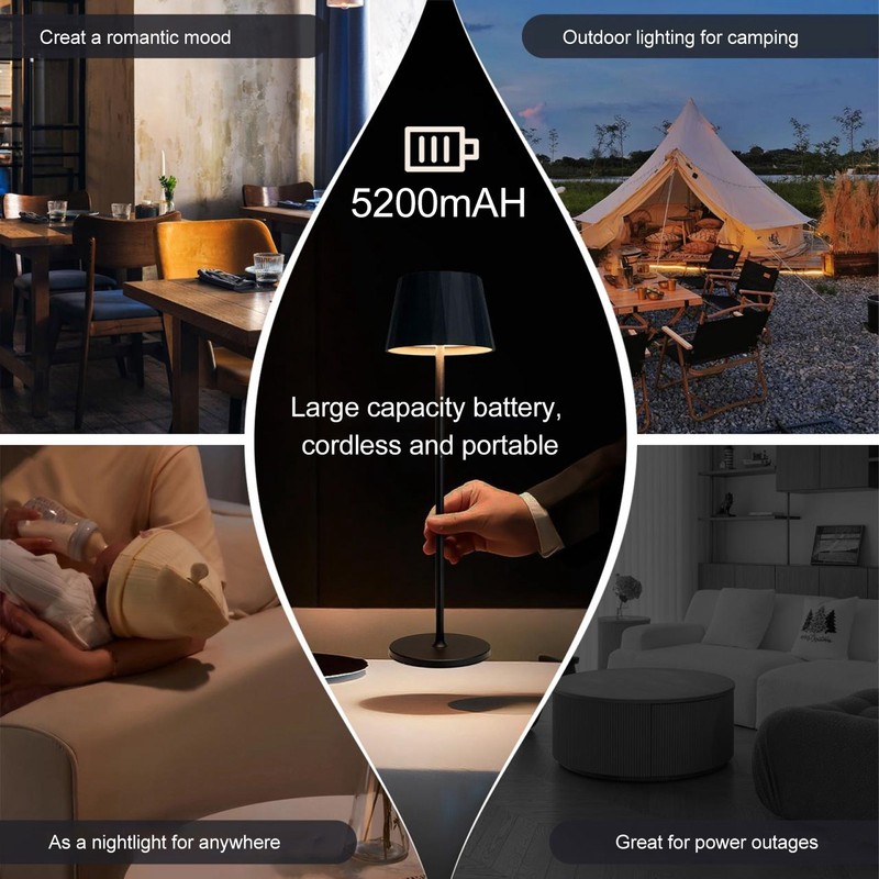 Table Lamp LED 3000K Warm Light 5200mAh Rechargeable Stepless Dimmable