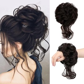 FeidyLong Messy Bun Hair Piece Tousled Updo Hair Buns Extension Elastic Band Curly Scrunchie for Women Curly Chignon Ponytail Hairpiece Daily Wear(Dark Brown)
