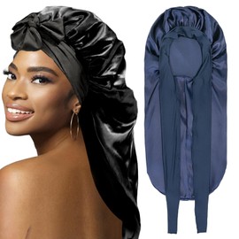 WOZUTUNT Bonnets for Black Women Braid Bonnet, Large Long Satin Bonnet for Braids, Silk Bonnet with Stretchy Tie Band Sleep Cap Hair (Black&Dark blue-2pcs)