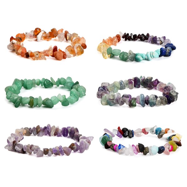 Pack of 6 Natural Gemstone Chakra Crystal Chip Stone Bracelet