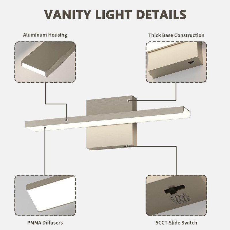 JUSHENG Brushed Nickel Vanity Lights for Bathroom Light Fixtures 5CCT