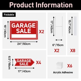 6 Pcs Garage Sale Signs with Stakes, 2 Foldable Extra-Large Garage Sale Signs 24" x 16" and 4 Arrow Yard Signs 17" x 6", Metal Stakes and Double Sided Waterproof Design for Garage Sale Supplies