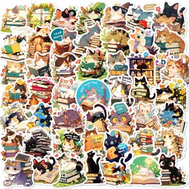 Love Reading Cat Stickers, 50PCS Funny Learning Book Cat Sticker Packs for Teens Adults, Vinyl Waterproof Kawaii Pet Decals for Stationery Box Laptop Phone