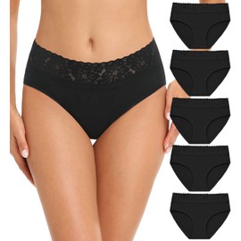 RHYFF Womens Underwear Cotton Hipster Panties Lace Soft Bikini Panty Ladies Stretch Full Briefs 5 Pack S-XL(R6004S-Black)