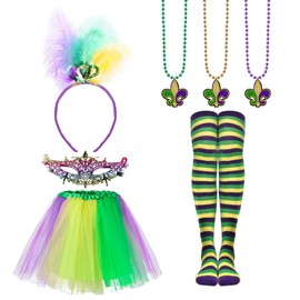 Mardi Gras Costume Accessory Set Tutu Skirt Feather Headband Mask Bead Necklace Boa Earrings for Carnival Cosplay Party Yellow