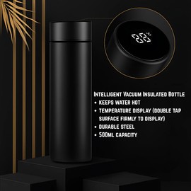 Smart Water Bottle Stainless Steel Vacuum Flask, Insulated Travel Thermos, Smart LCD Touch Screen, Keep Hot or Cold, Portable Car Tea Coffee Thermos Cup, Travel Vacuum Bottle, Leakproof Design (Black)