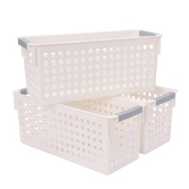 JAKAGO Small Plastic Storage Baskets Kitchen Cupboards Organiser Storage Baskets for Shelves -Set of 3 (White,S)