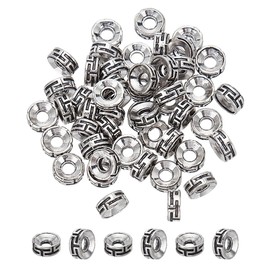 HOBBIESAY 50 Pcs Tibetan Spacer Beads Flat Round Metal Spacer Beads 7.5mm Retro Style Loose Connector Spacer Beads Antique Silver for Bracelet Necklace Jewelry Making DIY Crafts Hole:2.5-3mm