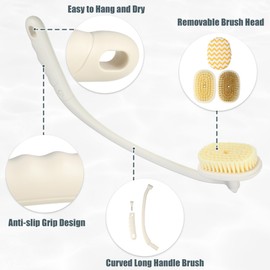 VOCOSTE 3 in 1 Back Scrubber for Shower Set, Bath Brush Long Handle for Shower, 17" Back Brush with Soft Stiff Bristle and Exfoliating Brush, Back Scrubbers for Use in Shower for Women Men