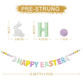Easter Decorations Pre-Strung Felt Pastel Happy Easter Sign Bunny Banner Wool Felt Ball Garland for Happy Easter Spring Nursery Classroom Home Wall Decor Birthday Baby Shower Party Decoration Supplies