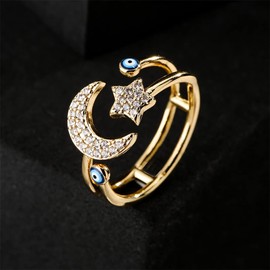 Cz Star Moon Blue Evil Eye Wrap Open Rings 18k Gold Plated Cubic Zirconia Good Luck Statement Adjustable Stacking Finger Ring for Women Protection Talisman Amulet Lucky Jewelry Fashion Gifts for Mom