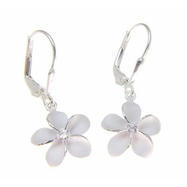 Sterling silver 925 Hawaiian plumeria flower cz leverback earrings 15mm