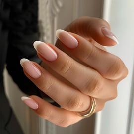 MOTIBACK Almond Press On Nails - 24PCS Medium Length False Nails with Jelly Glue, French Tip Stick on Nails for Women (12 Sizes), Nude Pink French