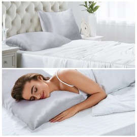 Satin Cushion Cover 40 x 80 cm (Set of 2) - Navy Blue Satin Pillowcases with Envelope Closure, Super Soft Satin Pillowcase 40 x 80 cm, Pillow Slip, Grey Cushion Covers Soft, Colourfast, Hypoallergenic