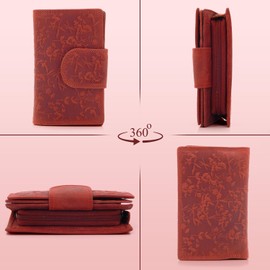 ekavale Ladies Floral Pattern RFID Protection Leather Multi Pocket Tri Section Coin Pocket Wallet, red, Classic