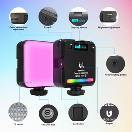 Magnetic RGB Video Light with Multi Functional Stand, 360° Full Color LED Camera Light with 3 Cold Shoe CRI≥95 2500K-9000K, 2000mAh Rechargeable Photography Lighting with 20 Scene Modes