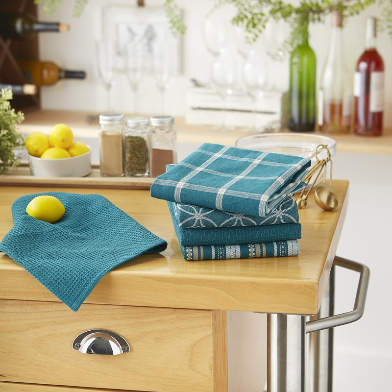 DII Assorted Woven Kitchen Set, Dishtowel, 18x28, Dishcloth, 13x13, Teal,