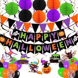 Happy Halloween Banner Halloween Party Decorations Honeycomb Ball Balloons Hanging Swirl for Halloween Indoor Home Office Class Party Supplies