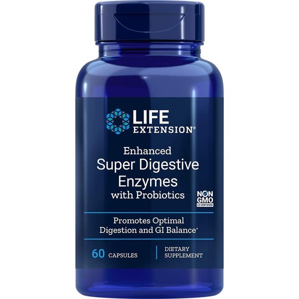 Life Extension Enhanced Super Digestive Enzymes & Probiotics Optimal Digestive Comfort & GI Balance, 10 Enzymes, 1 Billion CFU, Plant-Based Diet Aid - Non-GMO, Gluten-Free - 60 Vegetarian Capsules