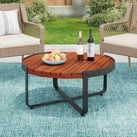 GDFStudio Isaac Outdoor Round Coffee Table Acacia Wood Patio Table with Metal Legs, Rustic Industrial Coffee Table for Balcony Backyard Garden Lawn, Mahogany