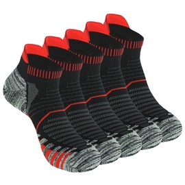 Bauvale Men's and Women's 5 Pairs Black with Red Anti Blister Odor Control Cushioned Ankle Athletic Running and Cycling Socks,Size 7-12