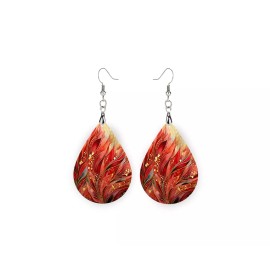 Twisted R Design Phoenix Red Earrings Wood Tear Drop Dangle Printed Jewelry