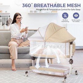 MOMFANN Baby Bassinet Bedside Sleeper, Upgraded Stability Bedside Crib with Full Mesh Sides, Soft Sheet, 6-Height Adjustment, Storage Basket, Easy Folding Portable Bassinet for Newborns, Oatmeal