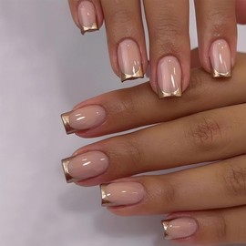 Gold Press on Nails Medium Gold French Tip Fake Nails Square Shape False Nail Tips Nude Pink Full Cover Glue on Nails Medium Length Stick on Nails Glossy French Tip Nails Press ons for Women 24 Pcs