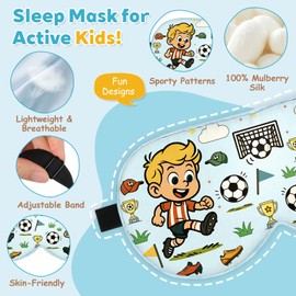 Kids Silk Sleep Mask – 100% Mulberry Silk Eye Cover, Kid Eye Mask with Adjustable Strap, Soft & Breathable Blackout Sleeping Mask for Boys and Girls Ages 5-15 (Soccer Style)