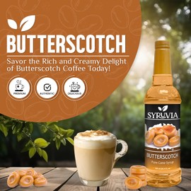 Syruvia Butterscotch Coffee Syrup - 25.4 fl oz Premium Coffee Flavoring Syrup - Kosher Coffee Syrups, Gluten Free, No Coloring, Perfect for Drinks, Soda, Shakes, and More With Pump