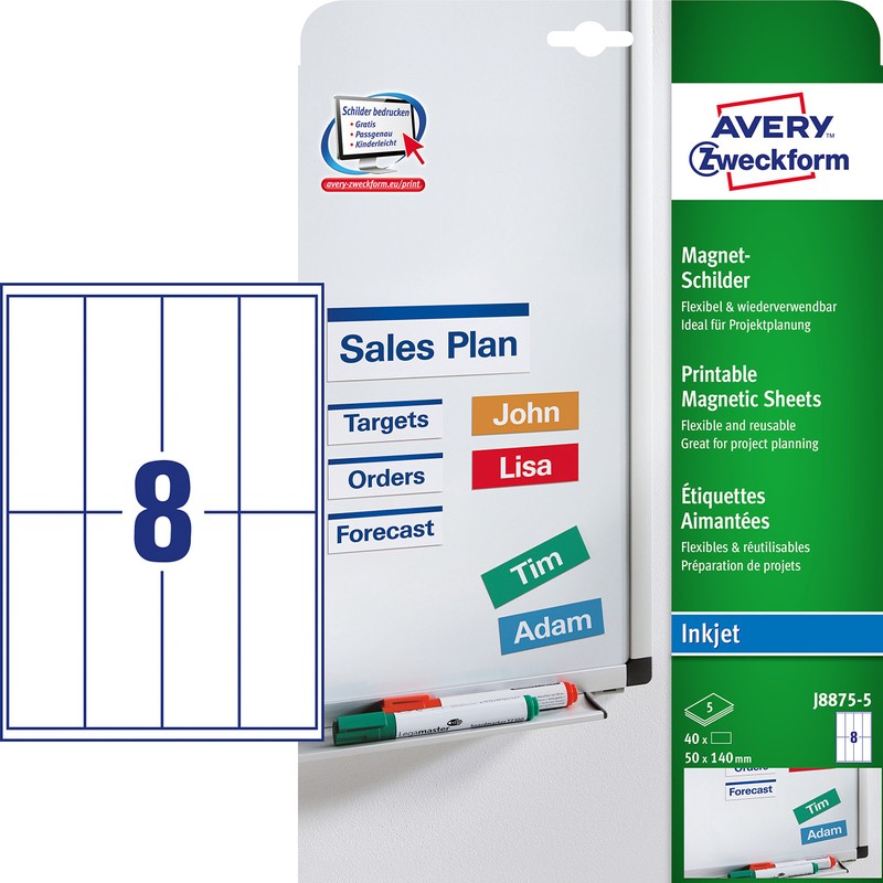 Avery Zweckform J8875-5 Printable Magnetic Sheets with Special Coating 50
