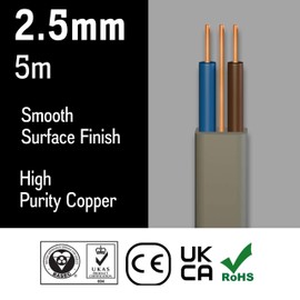 Primes DIY Electric Socket wire cable 2.5mm Twin and Earth Flat Grey PVC Lighting Electric Cable 6242Y electrical Wire BASEC Approved (5 Meter)