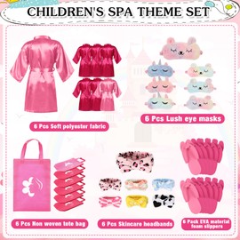 Shihanee 30 Pcs Spa Party Supplies for Girls, 6 Satin Robe 6 Kids Slippers Sleepover Birthday Spa Party Favors (5 Rose Red, 1 Pink)