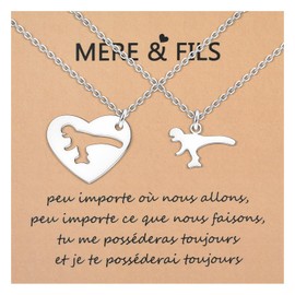 CheersLife Pack of 2 Mother Son Necklace, Mother Son Gift To My Son/Mum Birthday Gift for Mum Son Dinosaur Necklace Graduation First Day of School Christmas Gifts FR, Stainless Steel, Bead