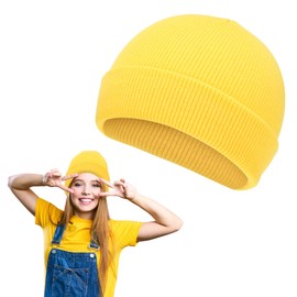 Knit Winter Beanie Unisex Yellow Warm Winter Hats Acrylic Colored Beanie Cap Snug Soft Headwear for Women Men Adult