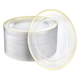 R-kay 100 Pack 10 Inch Clear And Gold Plastic Plates For Wedding - Sturdy Clear Gold Plastic Plates, Durable And Extra Heavy duty Gold Plastic Plates For Party - Bulk Disposable Plates For Weddings