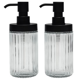 Suanti Ribbed Hand Glass Soap Dispenser Set of 2 for Bathroom Countertop & Kitchen Sink Decor, Easy Refill Wide-Mouthed Glass Soap Bottles with Matte Black Pump for Liquid Dish Soap-14.3 oz