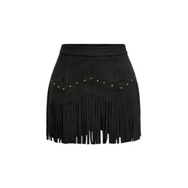GORGLITTER Women's Vintage Hippie Rivet Fringe Skirt Faux Suede High Waisted A Line Party Skirts Black Small