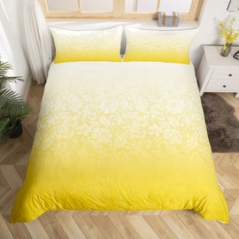 Feelyou Ombre Bedding Set Queen Size Kids Damask Pattern Comforter Cover Set for Boys Girls Teens Yellow Ombre Effects Duvet Cover Modern Bedspread Cover Abstract Art Design Quilt Cover