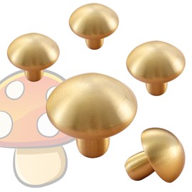 Flybath 5 Pack Mushroom Cupboard Door Knobs Cabinet Solid Brass Kitchen Drawer Gold Pulls Cute Furniture Handles, Brushed Brass