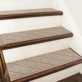COSY HOMEER Edging Stair Treads Non-Slip Carpet Mat 28inX9in Indoor Stair Runners for Wooden Steps, Edging Stair Rugs for Kids and Dogs, 100% Polyester TPE Backing (7pc, Beige)