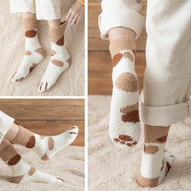 Qkurt 3 Pairs Slippers Socks for Women Girls Winter Inner Socks Fuzzy Fluffy Home Socks Soft Cute Cat Claw Sleeping Socks - Style A