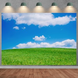 SADFA 7x5ft Natural Backdrops Green Grassland Photograph Backdrop White Clouds and Blue Sky Backgrounds for Photo Booth Screen Backdrop