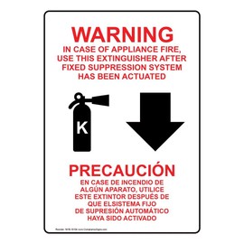 ComplianceSigns.com Warning In Case Of Appliance Fire, Use This Extinguisher (With Down Arrow) Bilingual Label Decal, 10x7 in. Vinyl