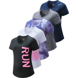 5 Pack: Women's Dry Fit Short Sleeve T Shirts, Athletic Workout Tee Tops for Gym Yoga Running (Set 13, Medium)