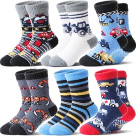 Welwoos 6 Pairs of Stopper Socks Children's Cuddly Socks Boys Thick Socks Warm Non-Slip Winter Socks Bed Socks House Socks, Cars